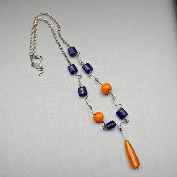 VTG Artisian Necklace Sterling Silver Cobalt Blue & Orange Beaded Necklace 16" - Picture 1 of 11